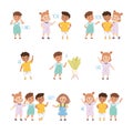 English Subject Pronouns with Funny Little Children Demonstrating Linguistics Rule Vector Set Royalty Free Stock Photo