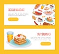 English tasty breakfast landing page templates set. Traditional morning dishes horizontal web banner, website cartoon