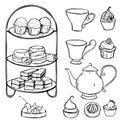 English tea set. Teapot, cups and cakes. Vector sketch illustration