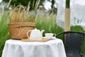 English tea time in garden, Relaxing time with favorite drink, Cup of warm tea and teapot serving