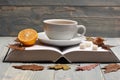 English tea time and reading evening concept. Hot beverage Royalty Free Stock Photo