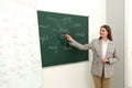 English teacher giving lesson on modal verbs near chalkboard in classroom