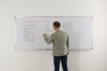 English teacher giving lesson on prepositions of time near whiteboard in classroom, back view