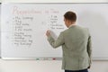 English teacher giving lesson on prepositions of time near whiteboard in classroom, back view