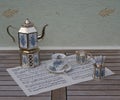English teacup and saucer, silver-plated teapot on a silver stove, spoon vase, teaspoon and cream jug on a sheet of music