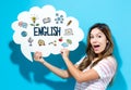 English text with young woman holding a speech bubble Royalty Free Stock Photo