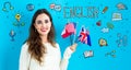 English theme with young woman holding flags Royalty Free Stock Photo