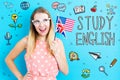 English theme with young woman holding flags Royalty Free Stock Photo