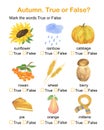 English topical vocabulary activity worksheet, autumn seasonal printable mark the word True or False game