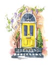 English traditional home entrance door , watercolor painting