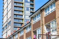 English traditional terraced houses and modern tower block flats