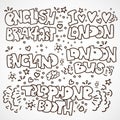 English traditional, travel landmarks and elements lettering. English bus, telephone booth, english breakfast, words I