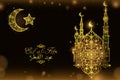 English translate Eid al-Fitr. Beautiful Mosque, Crescent and Star on blurred background. Islamic celebration greeting card