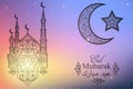 English translate Eid Mubarak. Beautiful Mosque, Crescent and Star on blurred background. Islamic celebration greeting card Royalty Free Stock Photo