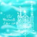 English translate Eid Mubarak. Beautiful Mosque on sparkling lights and stars background. Islamic celebration greeting card Royalty Free Stock Photo