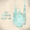 English translate Eid Mubarak. Beautiful Mosque on sparkling lights and stars background. Islamic celebration greeting card