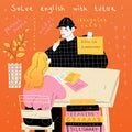 English tutor teaches a student individually. Foreign language lesson.