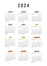 English vertical calendar 2024 year. Vector stationery calendar week starts Monday. Yearly organizer. Simple calendar