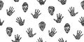 Engraved ancient handprint and mask seamless pattern. Endless hand drawn human palm prints and human face graphic vector Royalty Free Stock Photo