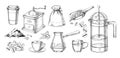 Engraved coffee making. Hand drawn drink preparation process with Arabica beans. Isolated grinder and cezve. French Royalty Free Stock Photo