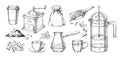 Engraved coffee making. Hand drawn drink preparation process with Arabica beans. Isolated grinder and cezve. French press and cup Royalty Free Stock Photo