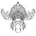 Engraved contour illustration of a moose head with antlers and an Indian cap made of feathers. Roach Chieftain. Boho vector