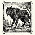 Engraved Gothic Illustration Of A Wolf Walking In The Forest