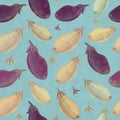 Engraved hand drawn veggie seamless pattern. eggplants on blue background. vintage style plant ornament