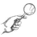 Engraved hand holding magnifying glass. Retro hand drawn detective magnifier, search sketch and antique loupe vector