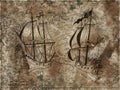 Engraved illustration of old ships battle on textured grunge background