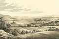 Engraved Illustration Of Rural Panoramic Landscape With Farm. Generative AI