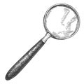 Engraved magnifying glass. Retro magnifier sketch, vintage detective search equipment and hand drawn loupe vector