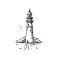 Engraved old lighthouse. Vector marine sketch in vintage style