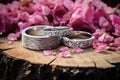 engraved platinum rings on a stump, surrounded by scattered flower petals