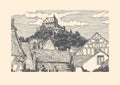 Engraved vector illustration of old village.