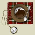 Engraved vintage color drawing of a cup of coffee on a saucer small spoon Royalty Free Stock Photo