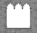 Engraved vintage drawing of a classic gothic architectural decorative frame on a brick wall background