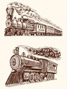 Engraved vintage, hand drawn, old locomotive or train with steam on american railway. retro transport. Royalty Free Stock Photo