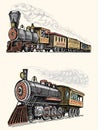 Engraved vintage, hand drawn, old locomotive or train with steam on american railway. retro transport. Royalty Free Stock Photo