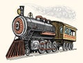 Engraved vintage, hand drawn, old locomotive or train with steam on american railway. retro transport. Royalty Free Stock Photo