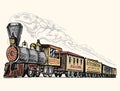 Engraved vintage, hand drawn, old locomotive or train with steam on american railway. retro transport. Royalty Free Stock Photo