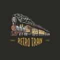 Engraved vintage, hand drawn, old locomotive or train with steam on american railway. retro transport. Royalty Free Stock Photo