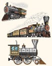 Engraved vintage, hand drawn, old locomotive or train with steam on american railway. retro transport. Royalty Free Stock Photo