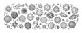 Engraved viruses and bacteria isolated on white background. Different types of microscopic microorganisms. Vector illustration in