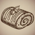 Engraving chocolate roll. Delicious homemade pastry in the sketch style. Vector illustration. EPS