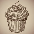 Engraving cupcake. Sweet chocolate cake for breakfast.