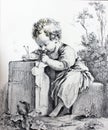 Engraving of cute child making soap bubbles from a vintage book Madame de Pomadour by E. de Goncourt, 1888