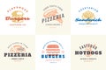 Engraving fast food logos and labels with modern vintage typography hand drawn style set vector illustration. Royalty Free Stock Photo