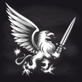 Engraving griffin with sword on chalkboard