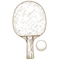 Engraving illustration of ping pong table tennis racket and ball Royalty Free Stock Photo